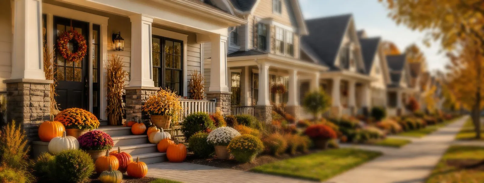 Street of homes with fall porches
