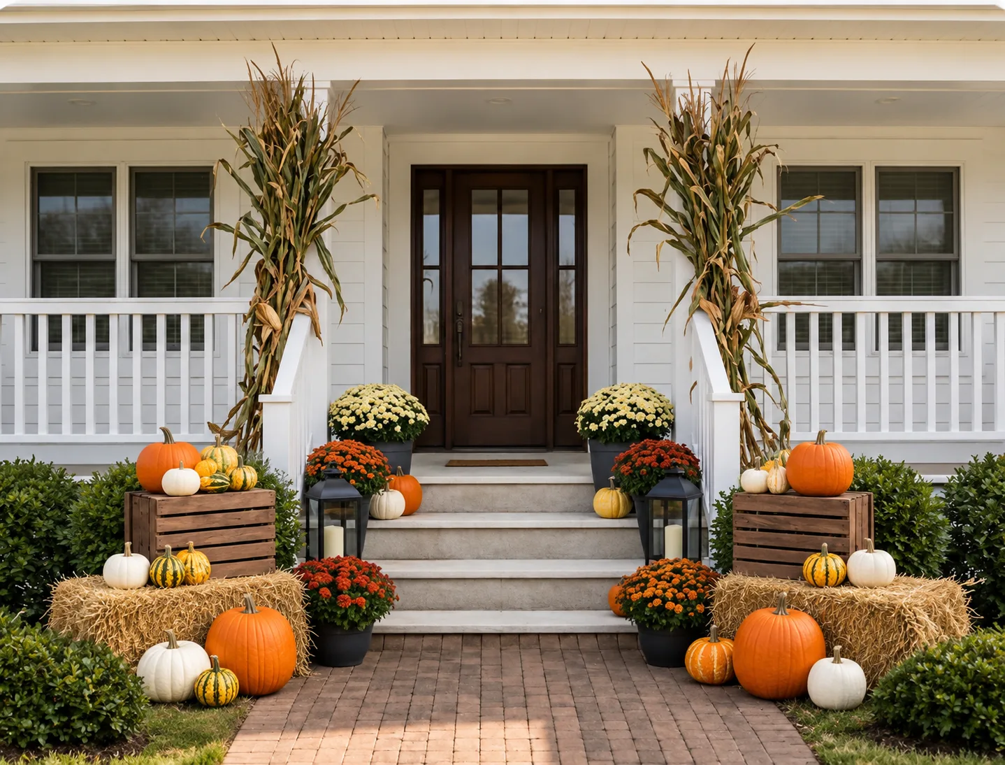 Porch design preview with pumpkins and mums