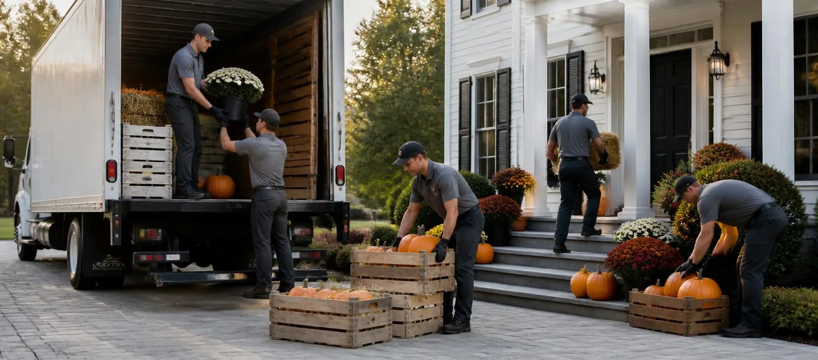 Porch decorating crew unloading a truck